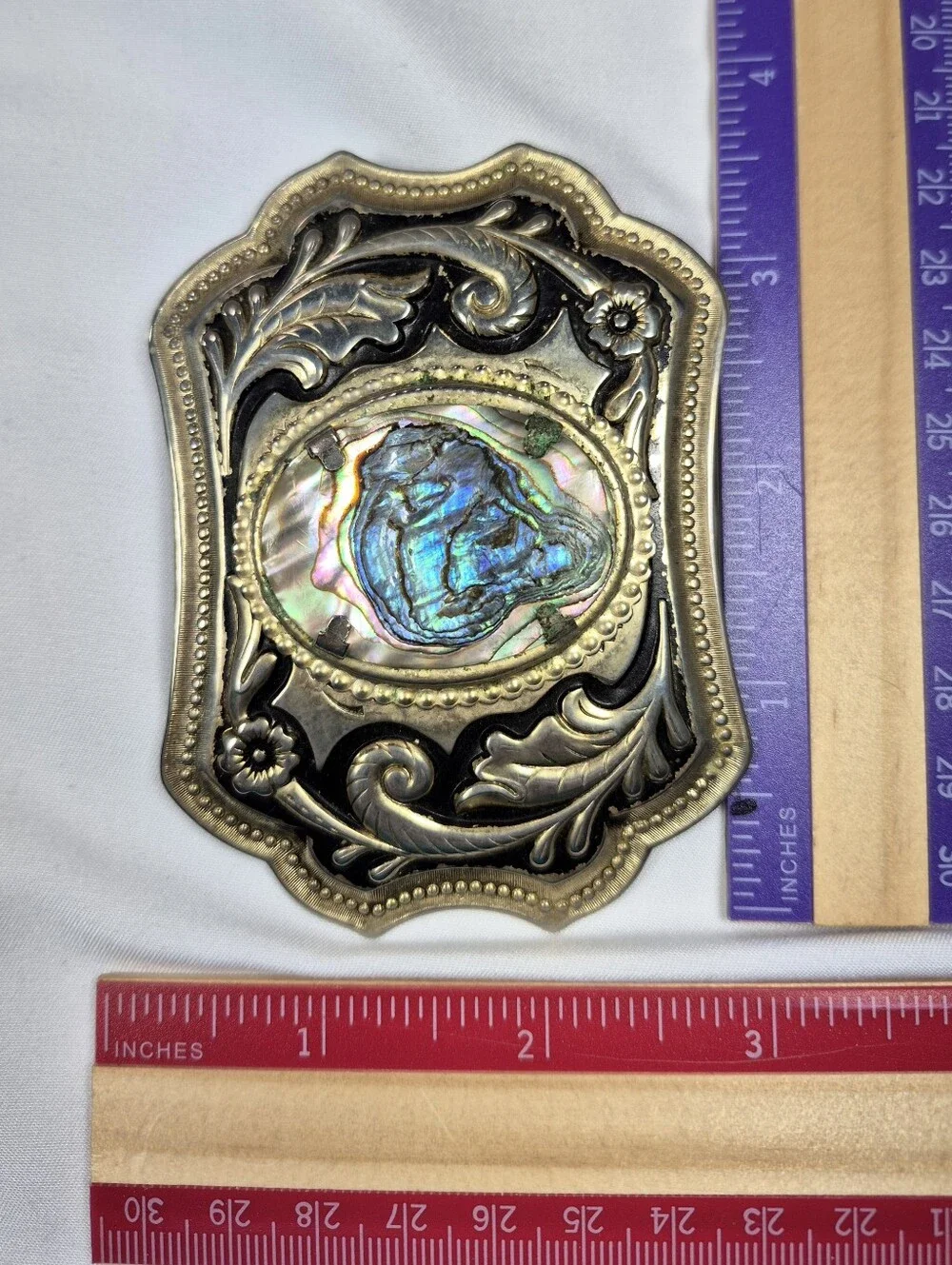 Vintage Western Abalone Shell Inlay Floral Belt Buckle Two Tone Cowboy Cowgirl
